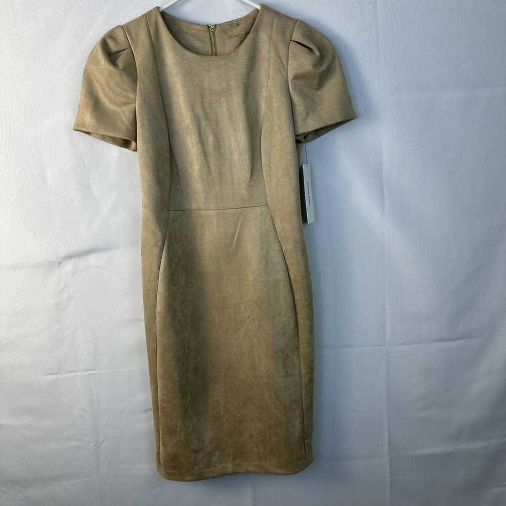 Calvin Klein Women's Faux Suede Sheath Dress Sz 8 Puff Short Sleeves Tan Color